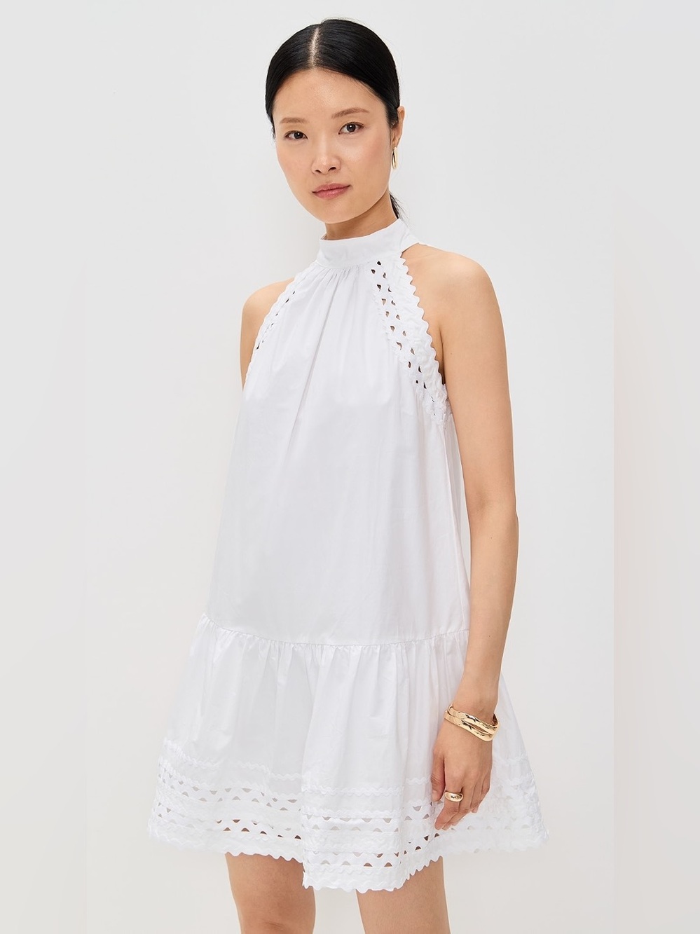 English Factory White Halter Eyelet Tiered Mini Dress Size Medium